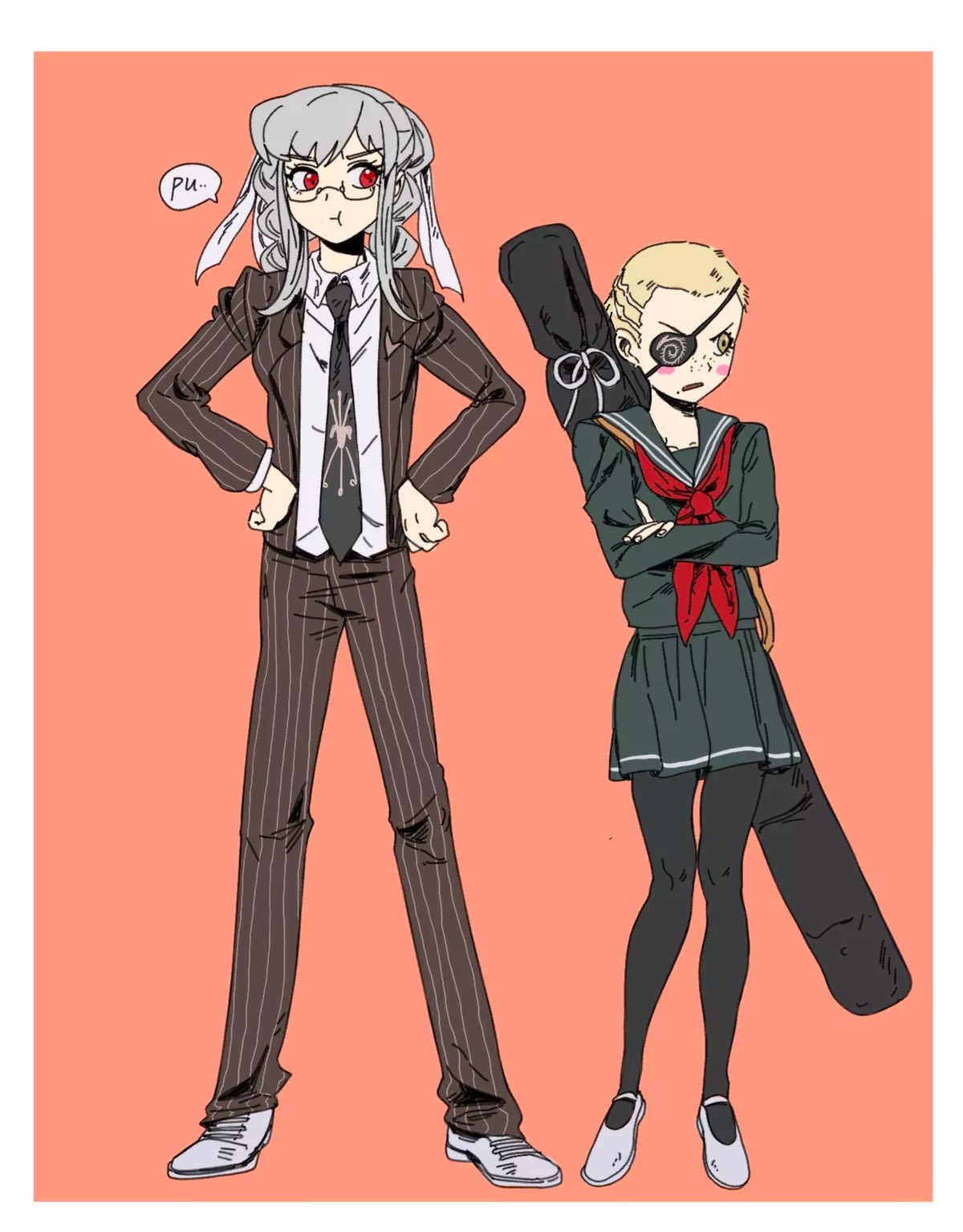 1boy, 1girl, black_necktie, black_pantyhose, black_sailor_collar, black_shirt, black_skirt, blonde_hair