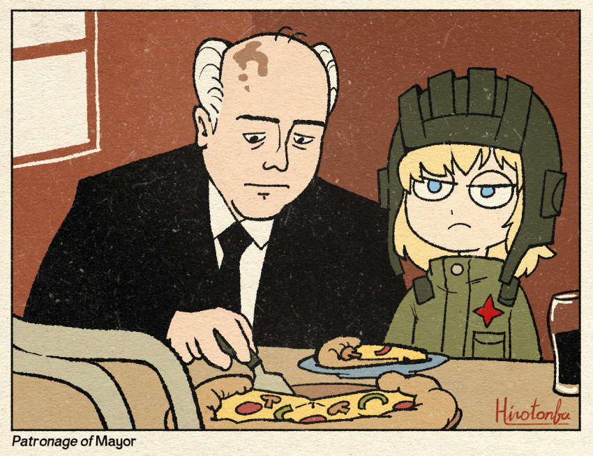 1boy, 1girl, bald, black_eyes, black_jacket, black_necktie, blonde_hair, blue_eyes