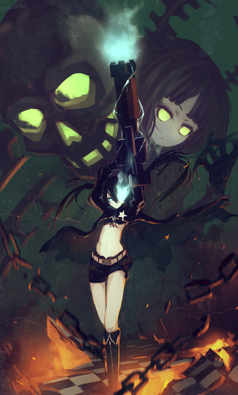 arm_cannon, bikini_top, black_dress, black_hair, black_rock_shooter, black_rock_shooter_(character), blue_eyes, boots