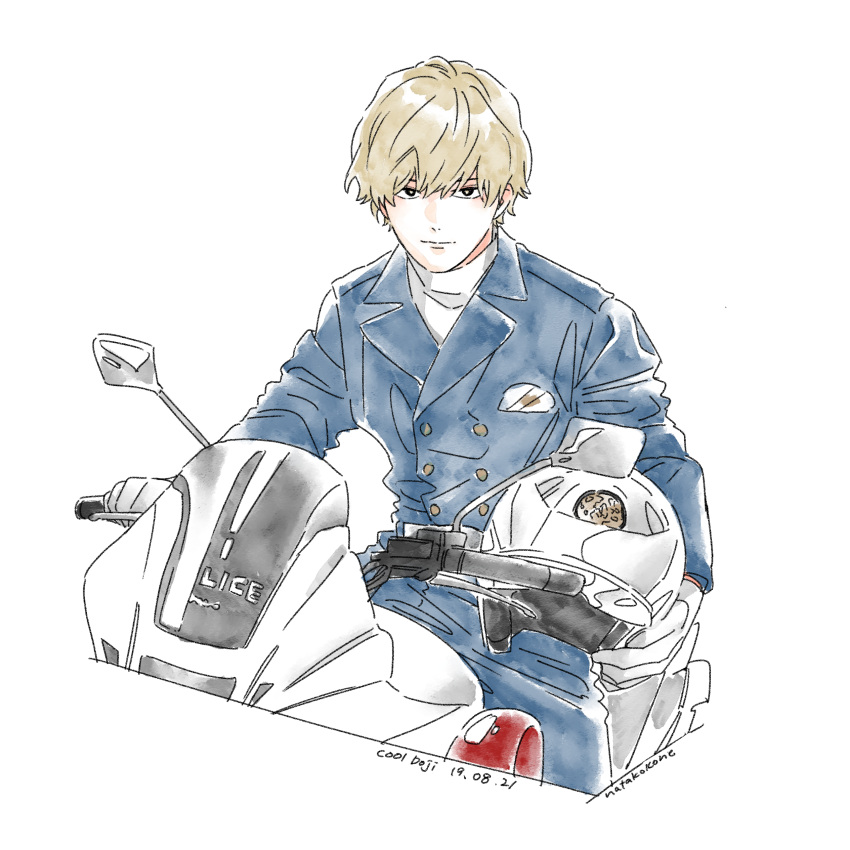 1boy, absurdres, artist_name, blonde_hair, blue_pants, bright_pupils, buttons, closed_mouth