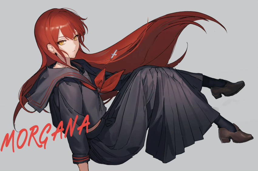 1girl, arashiko_falcom, black_pantyhose, black_serafuku, black_shirt, black_skirt, brown_footwear, character_name