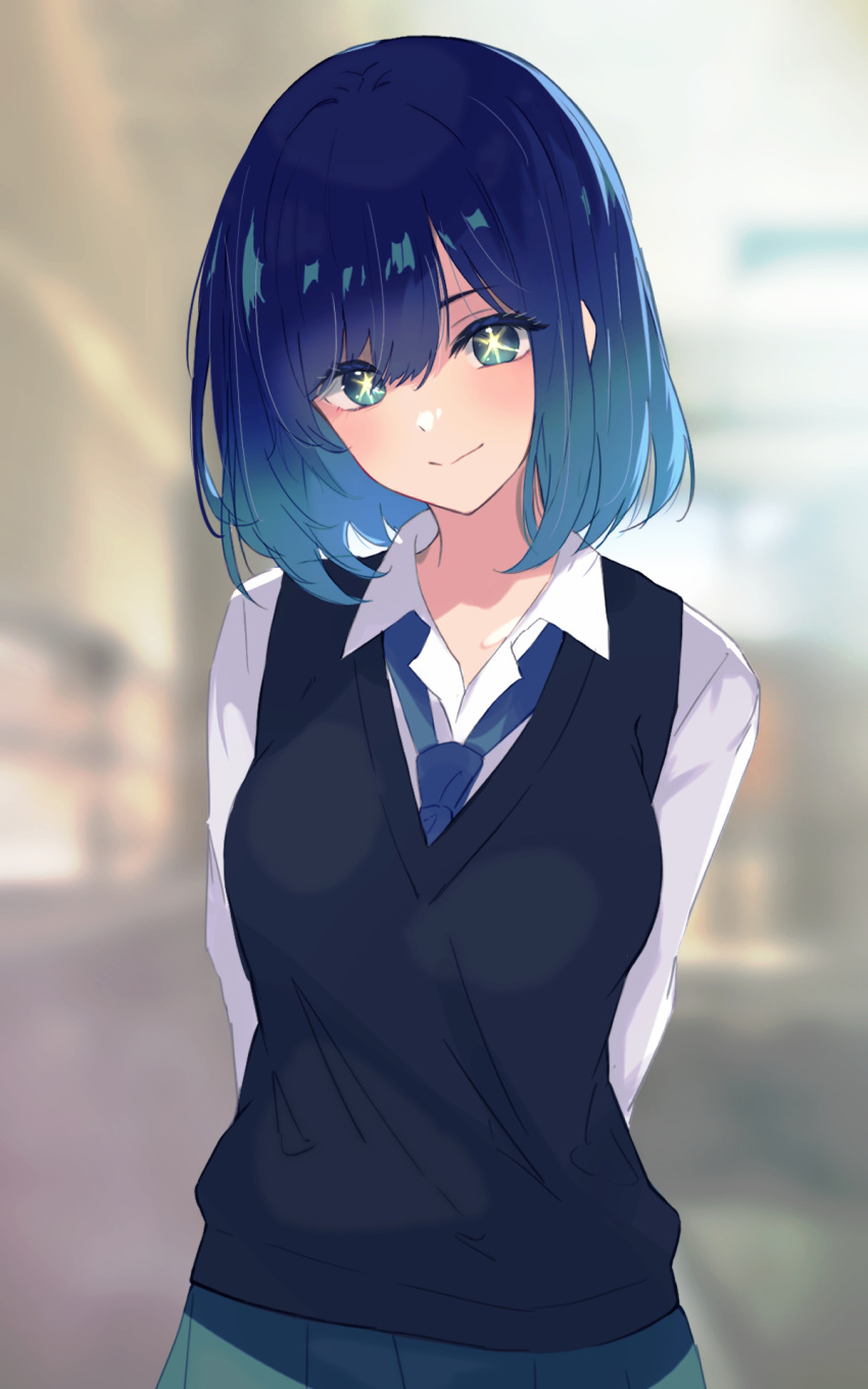 1girl, black_sweater_vest, blue_eyes, blue_hair, blush, closed_mouth, collared_shirt, gradient_hair, highres, kurokawa_akane, long_sleeves, looking_at_viewer, medium_hair, miya_takanashi, multicolored_hair, necktie, oshi_no_ko, shirt, smile, solo, star-shaped_pupils, star_(symbol), sweater_vest, swept_bangs, symbol-shaped_pupils, white_shirt