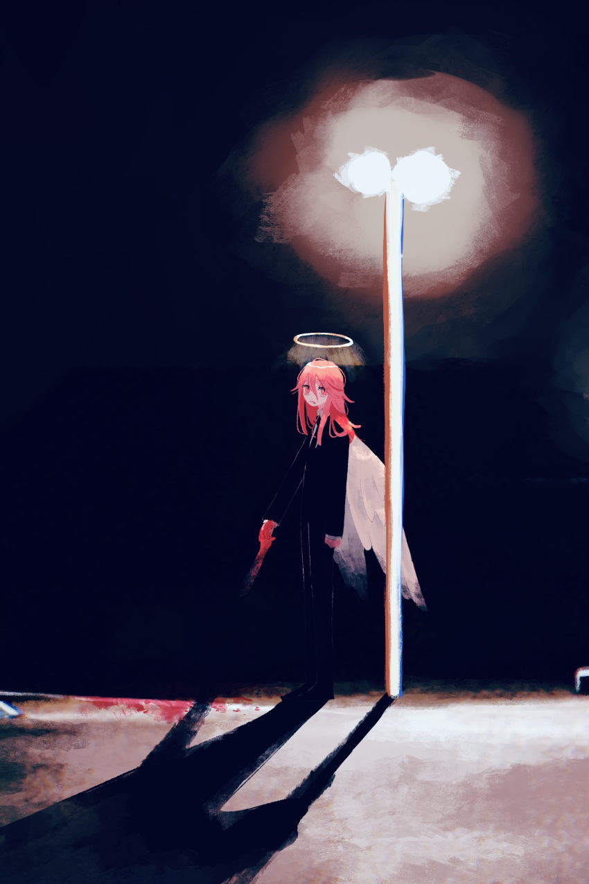 1boy, absurdres, angel, angel_devil_(chainsaw_man), angel_wings, black_jacket, black_necktie, black_pants