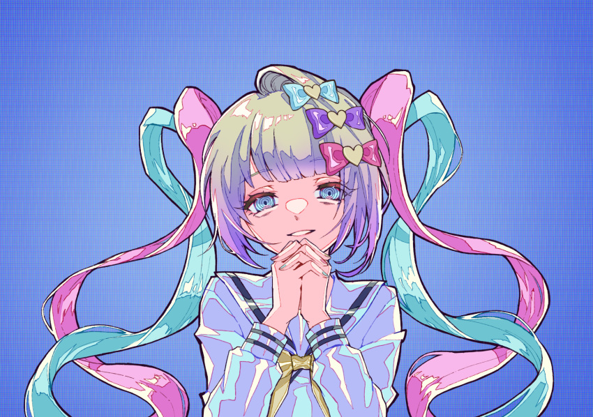 1girl, @_@, blue_hair, bow, chouzetsusaikawa_tenshi-chan, english_text, fukowaikaga, grey_hair