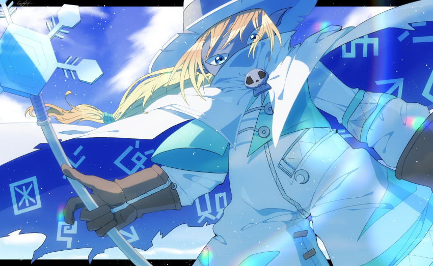 1boy, blonde_hair, brown_gloves, cape, clouds, coat, day, digimon