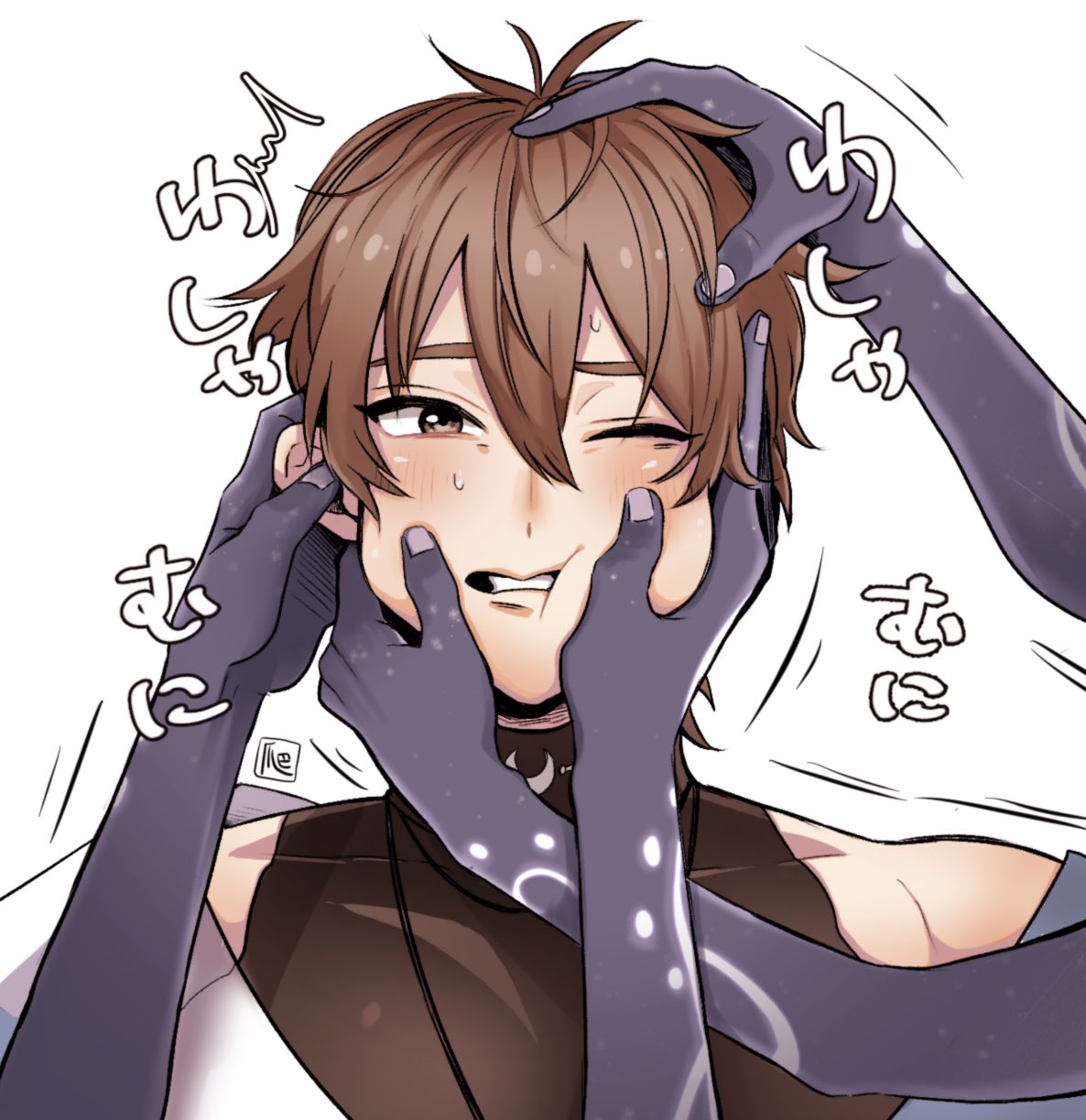 1boy, bishounen, brown_eyes, brown_hair, eiden_(nu_carnival), headpat, highres, light_brown_hair