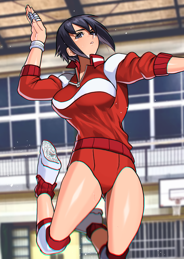1girl, akisu_k, ayuhara_natsu, black_hair, jacket, jumping, knee_pads, red_jacket