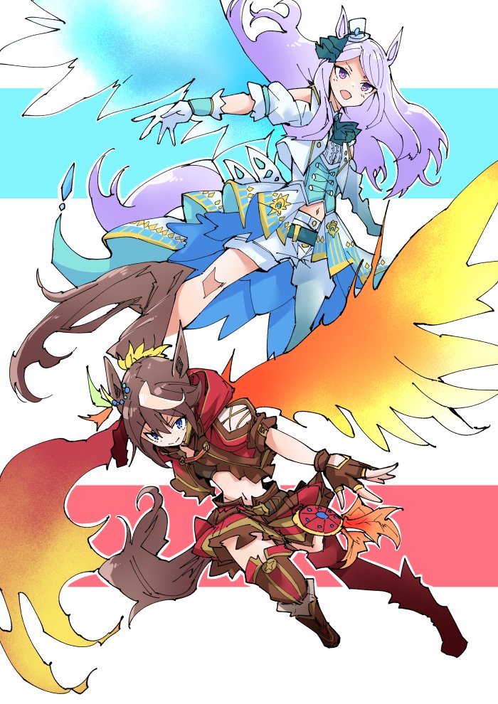 animal_ears, boots, brand-new_friend_(umamusume), brown_hair, fingerless_gloves, floating_hair, flying, full_body