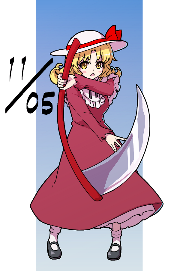 1girl, black_footwear, blue_background, commentary_request, dated, dress, elly_(touhou), full_body