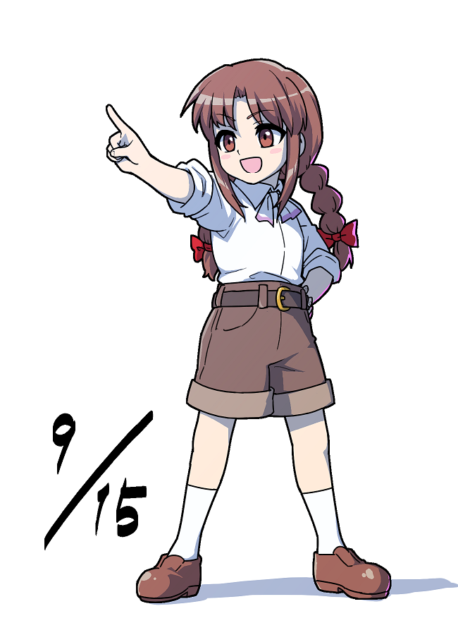 1girl, :d, belt, braid, brown_eyes, brown_footwear, brown_hair, brown_shorts