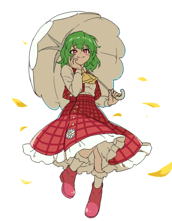 1girl, ascot, closed_mouth, commentary, flower, full_body, green_hair, holding