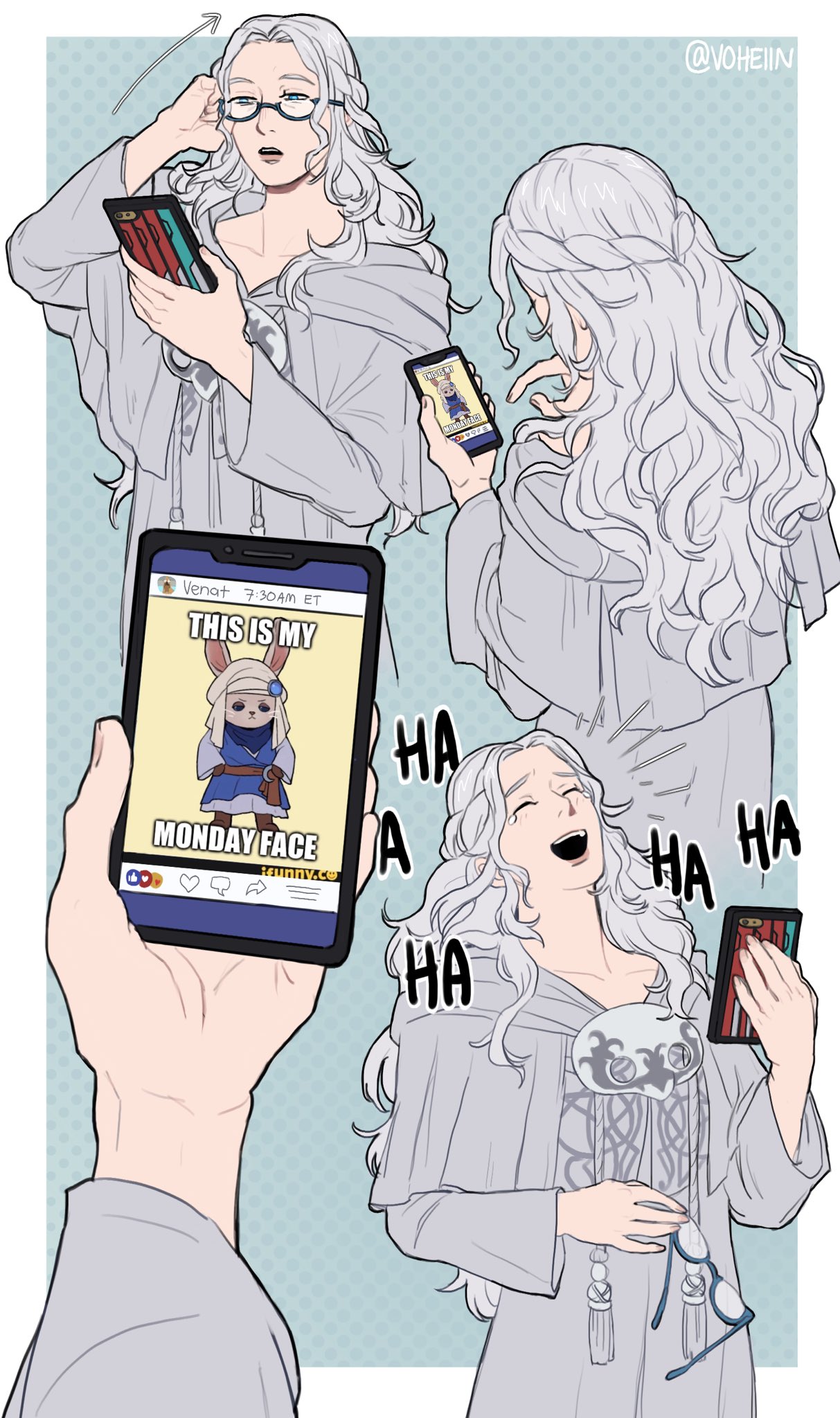 1girl, adjusting_eyewear, allagan_tomestone, bespectacled, blue-framed_eyewear, blue_background, blue_eyes, border, braid, capelet, cellphone, closed_eyes, collarbone, commentary, english_commentary, eyewear_removed, final_fantasy, final_fantasy_xiv, flat_color, glasses, grey_capelet, grey_hair, grey_robe, half_updo, hand_up, highres, holding, holding_eyewear, holding_phone, hood, hood_down, hooded_capelet, ifunny, laughing, long_hair, long_sleeves, loporrit, mask, mask_around_neck, mask_removed, mature_female, meme, multiple_views, open_mouth, outside_border, phone, robe, semi-rimless_eyewear, sequential, signature, single_braid, smartphone, smile, squinting, standing, tassel, tears, twitter_username, under-rim_eyewear, upper_body, venat_(ff14), voheiin, wavy_hair, white_border