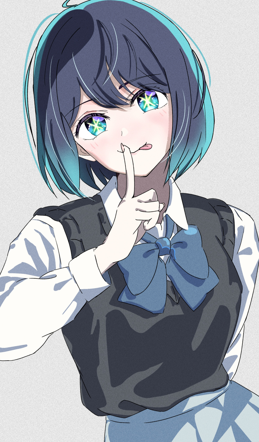 1girl, absurdres, arm_behind_back, black_sweater, blue_bow, blue_bowtie, blue_eyes, blue_hair, bow, bowtie, closed_mouth, collared_shirt, commentary, dutch_angle, finger_to_mouth, gradient_hair, grey_background, grey_skirt, hair_between_eyes, highres, kazu_(kauk3753), kurokawa_akane, light_blue_hair, long_sleeves, looking_at_viewer, multicolored_hair, oshi_no_ko, school_uniform, shirt, short_hair, skirt, solo, star-shaped_pupils, star_(symbol), sweater, swept_bangs, symbol-shaped_pupils, tongue, upper_body, white_shirt