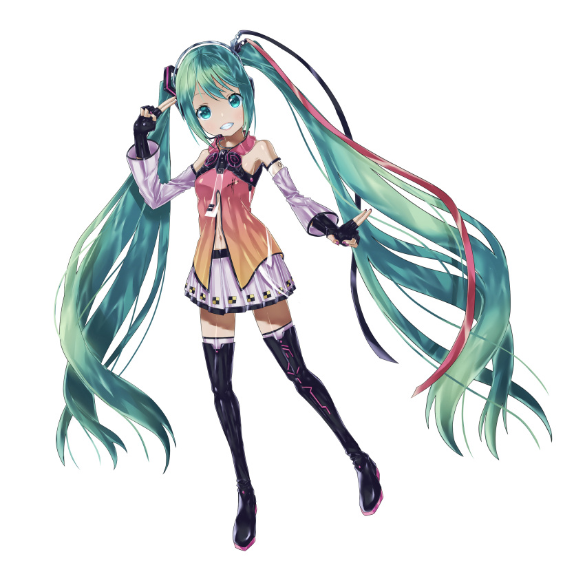 1girl, absurdres, aqua_eyes, aqua_hair, detached_sleeves, freely_tomorrow_(vocaloid), full_body, happy