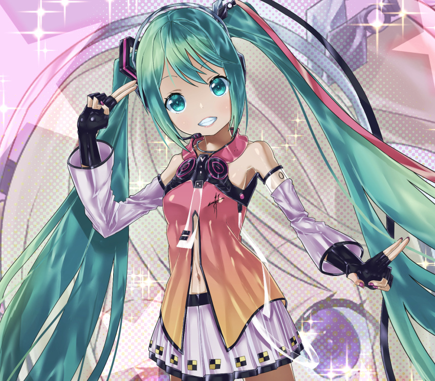 1girl, aqua_eyes, aqua_hair, detached_sleeves, freely_tomorrow_(vocaloid), happy, hatsune_miku, highres