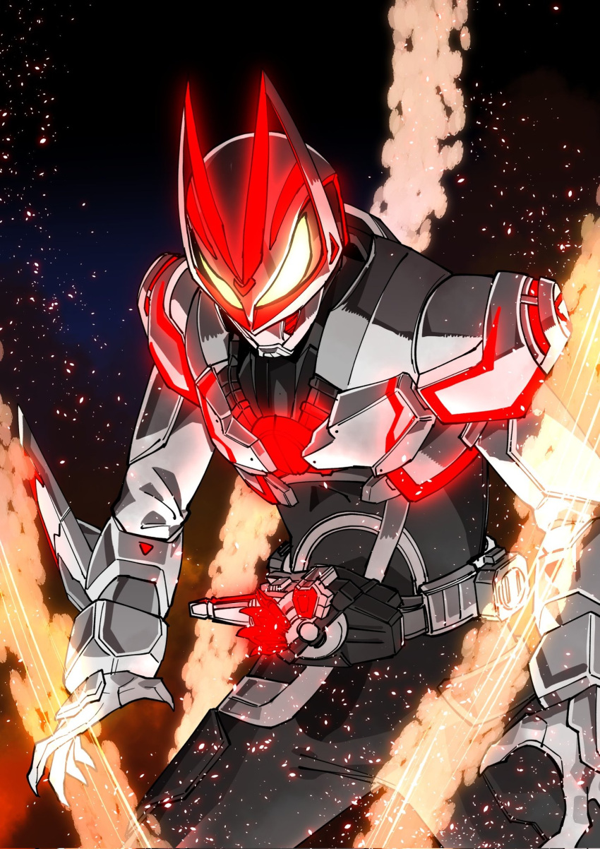1boy, amakawa_mayu, ashes, black_bodysuit, bodysuit, desire_driver, extra_tails, fire_and_brimstone