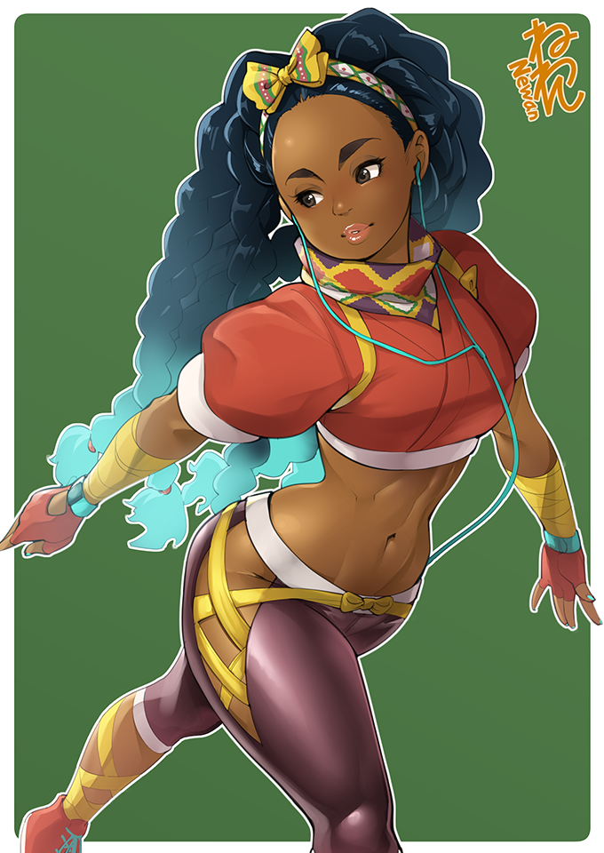 1girl, aqua_hair, aqua_nails, arm_wrap, black_pants, border, brown_eyes, cable