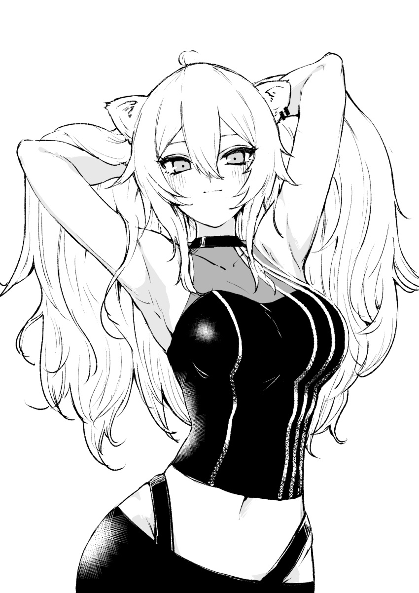 1girl, ahoge, animal_ears, armpits, arms_up, ear_piercing, greyscale, highres