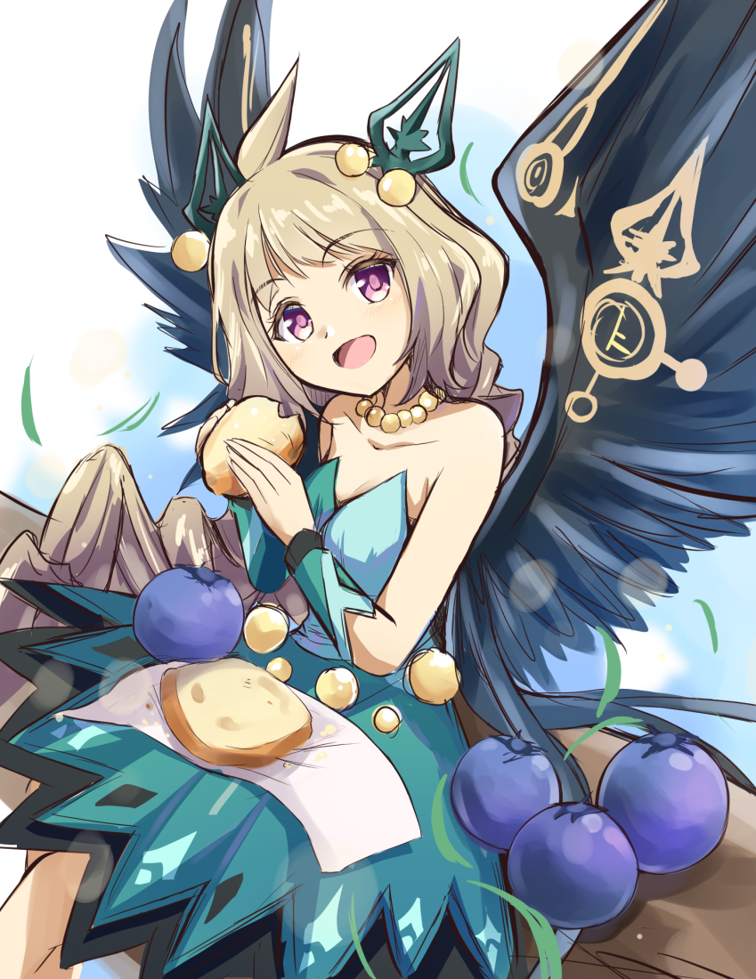 1girl, bare_shoulders, black_wings, blueberry, bread, brown_hair, collarbone, dress, duel_monster, feathered_wings, feet_out_of_frame, food, fruit, green_dress, hair_ornament, holding, holding_food, hugin_the_runick_wings, jewelry, kachuten, long_hair, necklace, open_mouth, pearl_necklace, purple_hair, sitting, solo, wings, yu-gi-oh!