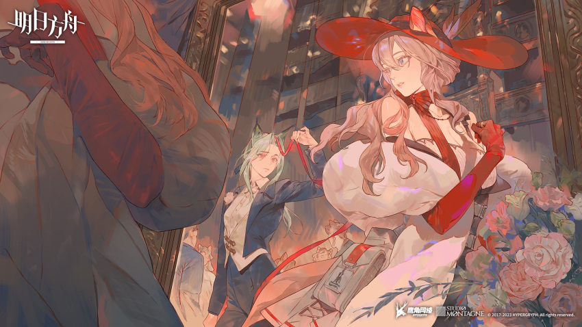 animal_ear_fluff, animal_ears, arknights, belt, black_dress, blue_eyes, blue_suit, bow