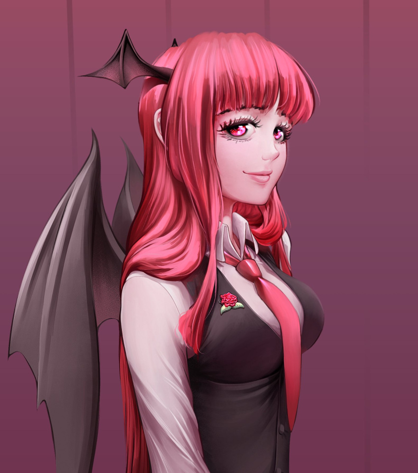 1girl, bat_wings, blunt_bangs, breasts, eyelashes, head_wings, highres, klabisot