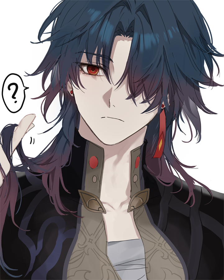 1boy, ?, blade_(honkai:_star_rail), chest_sarashi, chinese_clothes, closed_mouth, earrings, fractalmagnolia