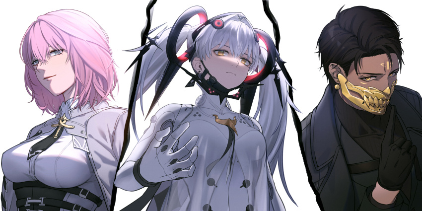 1boy, 2girls, black_gloves, black_hair, black_jacket, black_necktie, bodysuit, bracelet