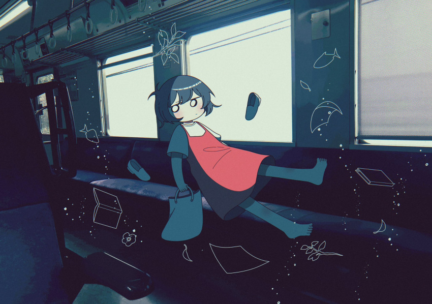1girl, bag, barefoot, black_hair, blush, closed_mouth, floating, handbag, highres, ka_minashi, looking_at_viewer, original, photo_background, shoes, shoes_removed, short_hair, short_sleeves, solo, train_interior, window