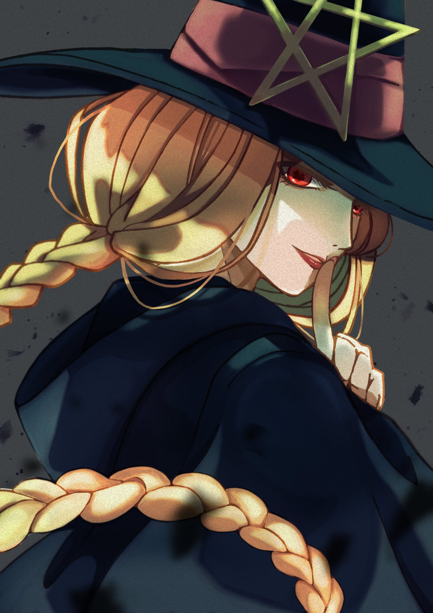 1girl, ace_attorney, braid, esmeralda_tusspells, finger_to_mouth, hat, highres, long_hair, looking_at_viewer, looking_back, red_eyes, red_lips, smile, solo, star_(symbol), the_great_ace_attorney, the_great_ace_attorney_2:_resolve, very_long_hair, wahou_k, witch_hat