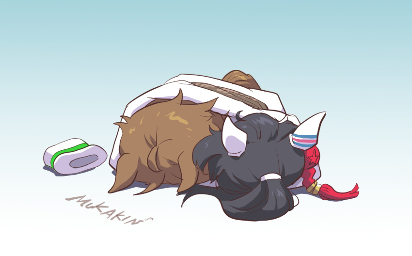 2girls, ahoge, animal_ears, artist_name, black_hair, bound, brown_hair, commentary_request