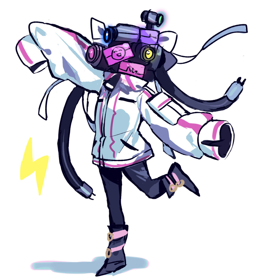 1girl, android, arm_up, black_footwear, black_pants, boots, cable, camera