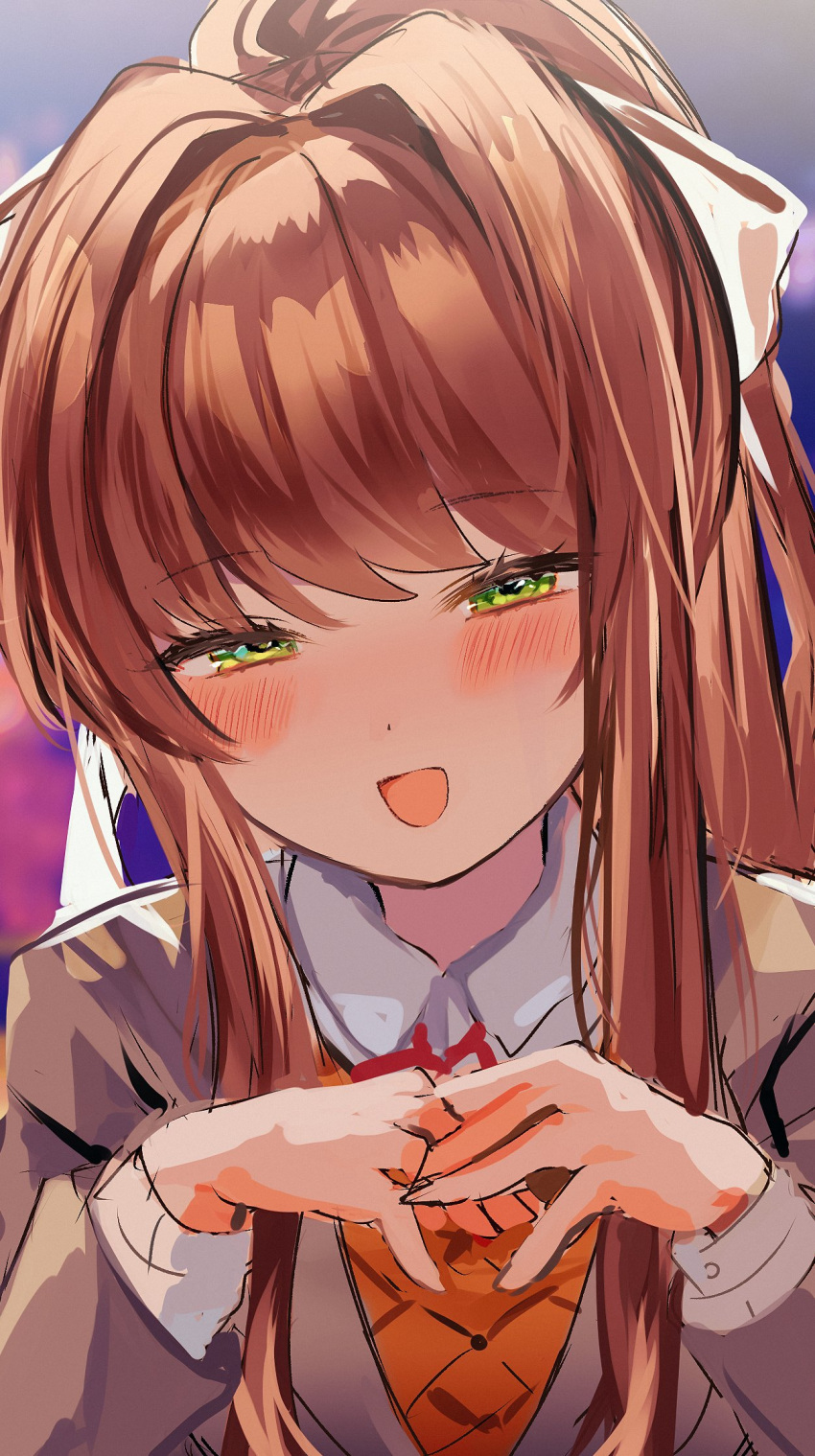 1girl, blush, brown_hair, brown_jacket, brown_sweater_vest, collared_shirt, commentary_request, doki_doki_literature_club, green_eyes, half-closed_eyes, highres, inudogsaikou, jacket, long_hair, long_sleeves, looking_at_viewer, monika_(doki_doki_literature_club), open_mouth, shirt, sidelocks, smile, solo, sweater_vest, upper_body, very_long_hair, white_shirt