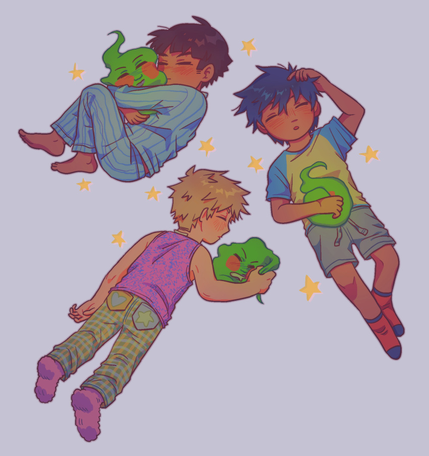 3boys, aged_down, barefoot, black_hair, blonde_hair, blue_pajamas, blush, child