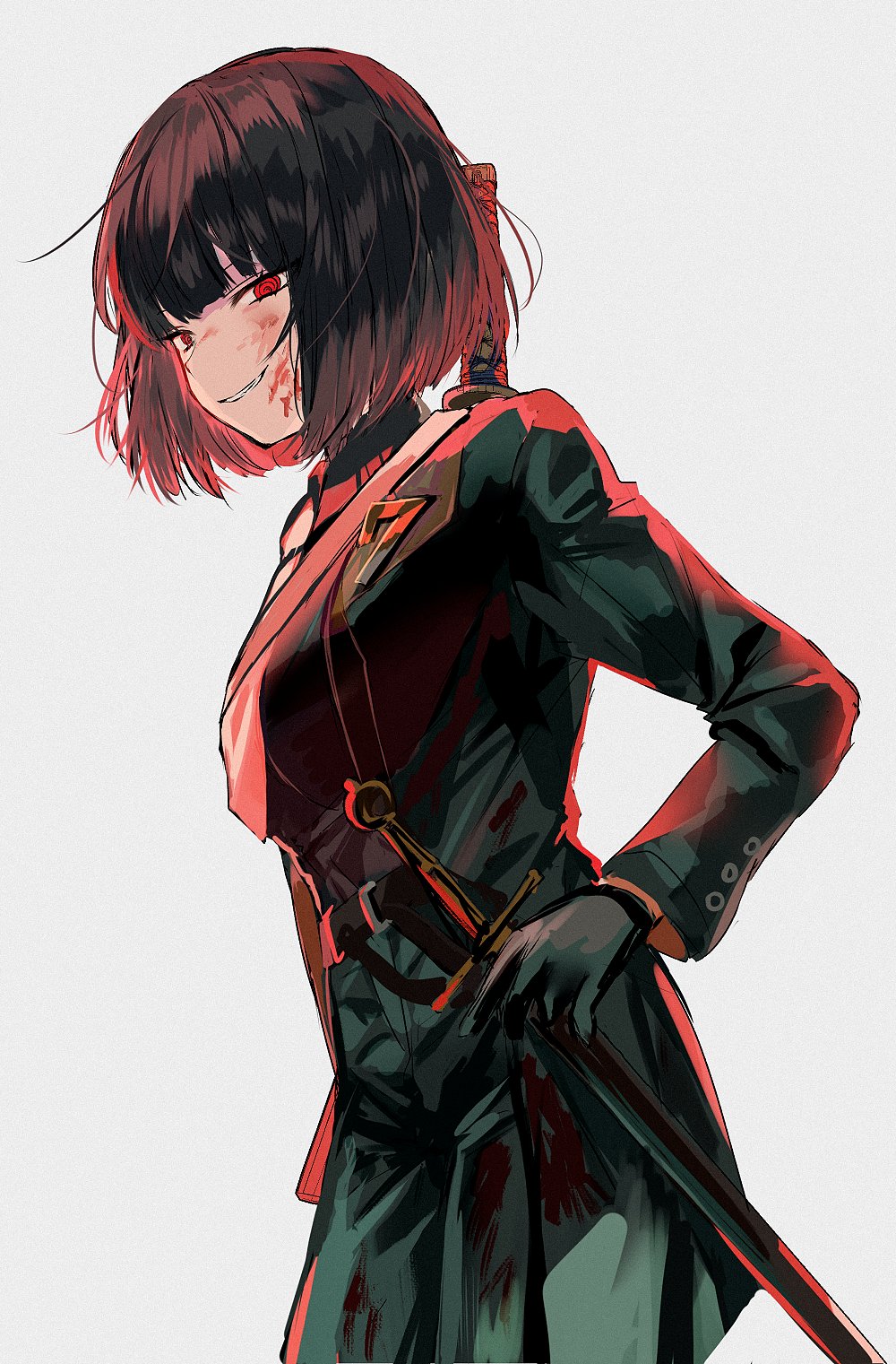 1girl, black_gloves, black_hair, blood, blood_on_face, brown_shirt, coat, collared_shirt