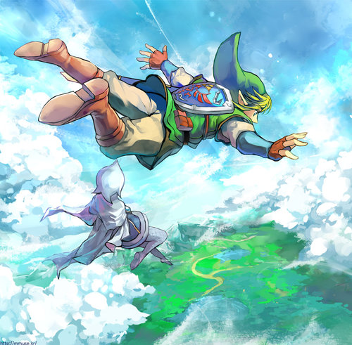 clouds, link, pointy_ears, shield, skydive, the_legend_of_zelda