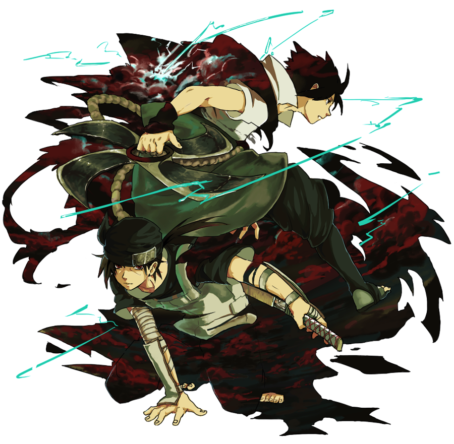 arm_guard, arm_guards, arm_support, armor, bandages, black_hair, brothers, forehead_protector, headband, lightning, male, miyano_a, multiple_boys, naruto, ninja, ready_to_draw, red_eyes, rope, sandals, sharingan, sheath, shuriken, siblings, squatting, sword, toes, uchiha_itachi, uchiha_sasuke, unsheathing, weapon