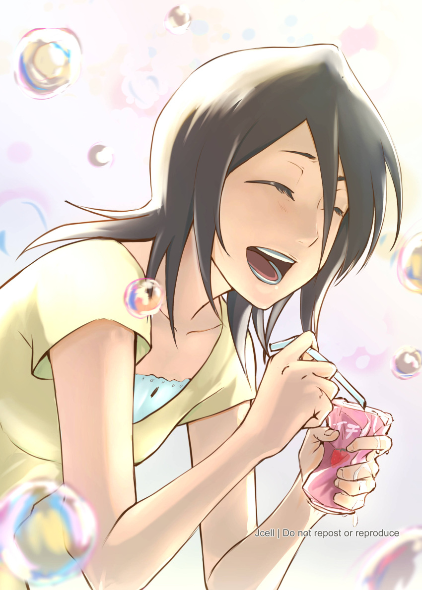 1girl, absurdres, black_hair, bleach, bubble, closed_eyes, collarbone, dress, drinking_straw, hair_between_eyes, highres, holding, holding_drinking_straw, jcell, juice, juice_box, kuchiki_rukia, long_bangs, open_mouth, short_sleeves, solo, teeth, upper_body, yellow_dress
