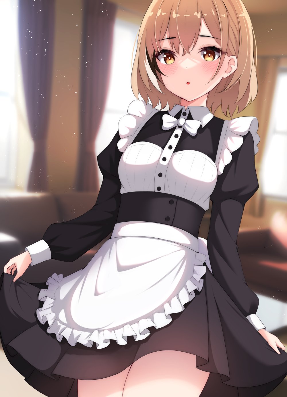 1girl, :o, ahoge, alternate_costume, alternate_hairstyle, apron, black_dress, bow