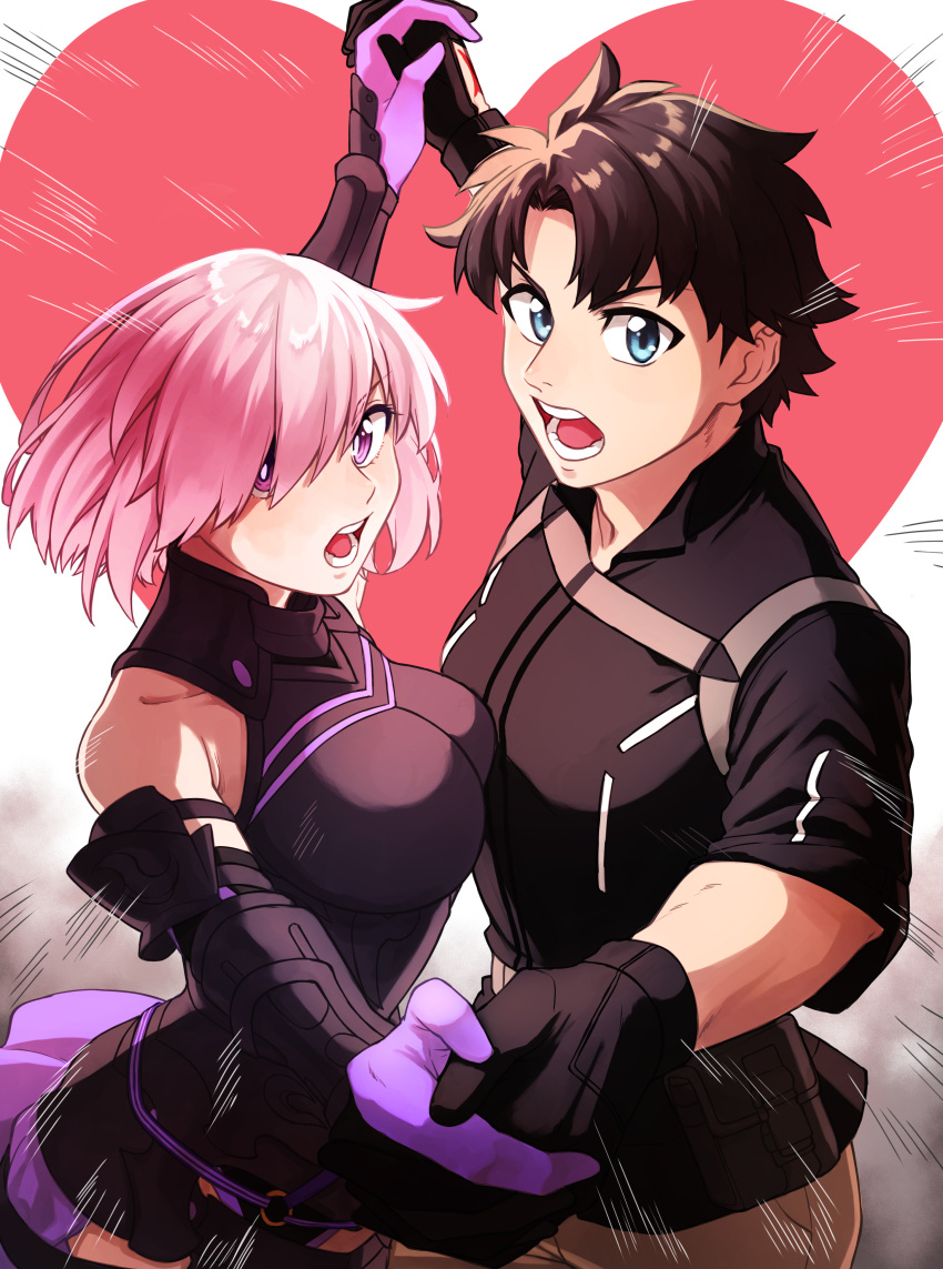 1boy, 1girl, absurdres, amami_tokko, armor, black_armor, black_gloves, black_hair