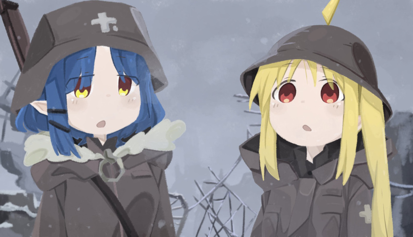 2girls, ahoge, asymmetrical_sidelocks, blonde_hair, blue_hair, blush, bocchi_the_rock!, brodie_helmet, brown_coat, chito_(shoujo_shuumatsu_ryokou), chito_(shoujo_shuumatsu_ryokou)_(cosplay), coat, cosplay, cross, detached_ahoge, fur_trim, gun, gun_on_back, hair_ornament, hair_over_eyes, hairclip, helmet, highres, ijichi_nijika, long_hair, long_sleeves, medium_hair, military, military_helmet, military_uniform, multiple_girls, naaga_sonomono, one_side_up, open_mouth, overcast, parted_bangs, pointy_ears, red_eyes, ruins, shoujo_shuumatsu_ryokou, side_ponytail, sidelocks, sky, stahlhelm, uniform, upper_body, weapon, weapon_on_back, yamada_ryou, yellow_eyes, yuuri_(shoujo_shuumatsu_ryokou), yuuri_(shoujo_shuumatsu_ryokou)_(cosplay)