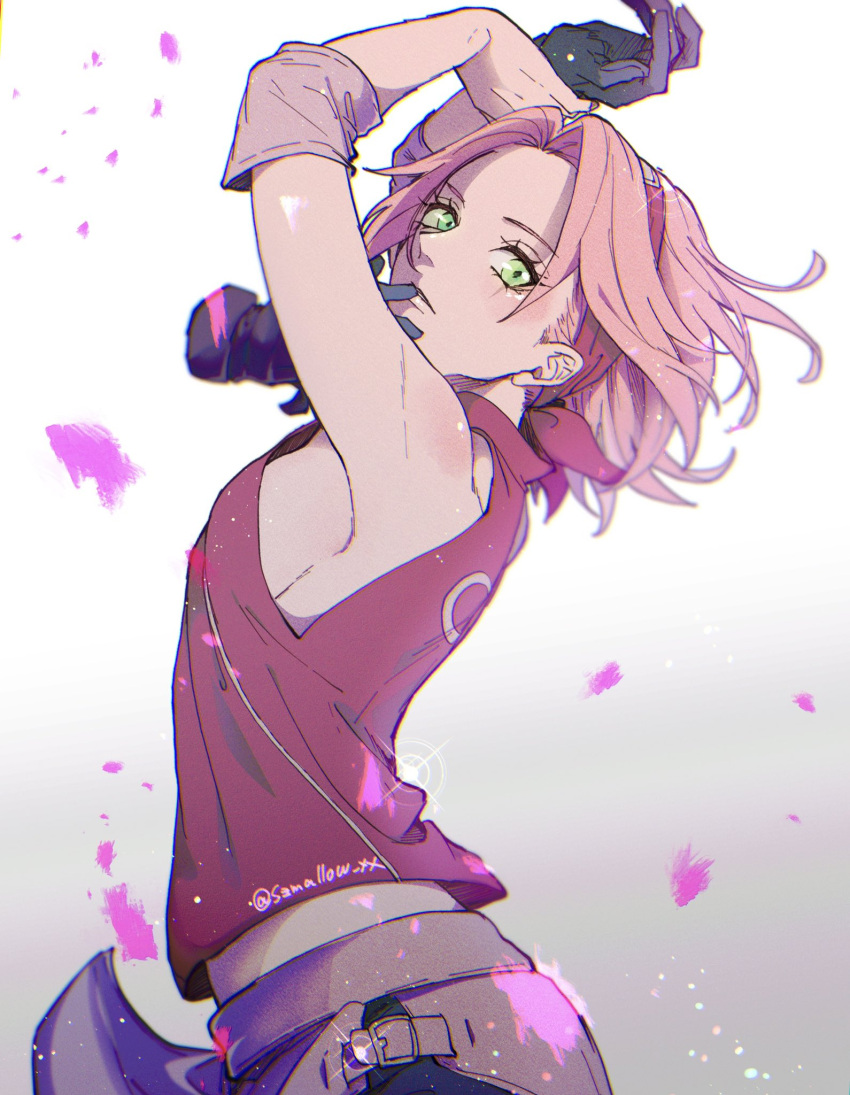 1girl, arched_back, arms_up, bare_shoulders, bike_shorts_under_skirt, black_gloves, black_shorts, breasts, buckle, elbow_band, falling_petals, forehead_protector, gloves, green_eyes, grey_background, hairband, haruno_sakura, highres, light_blush, looking_at_viewer, midriff_peek, miniskirt, naruto_(series), naruto_shippuuden, petals, pink_hair, red_shirt, shirt, short_hair, shorts, shoulder_blush, sideboob, sideways_glance, skirt, sleeveless, sleeveless_shirt, solo, suzu_(tg_390), turning_head