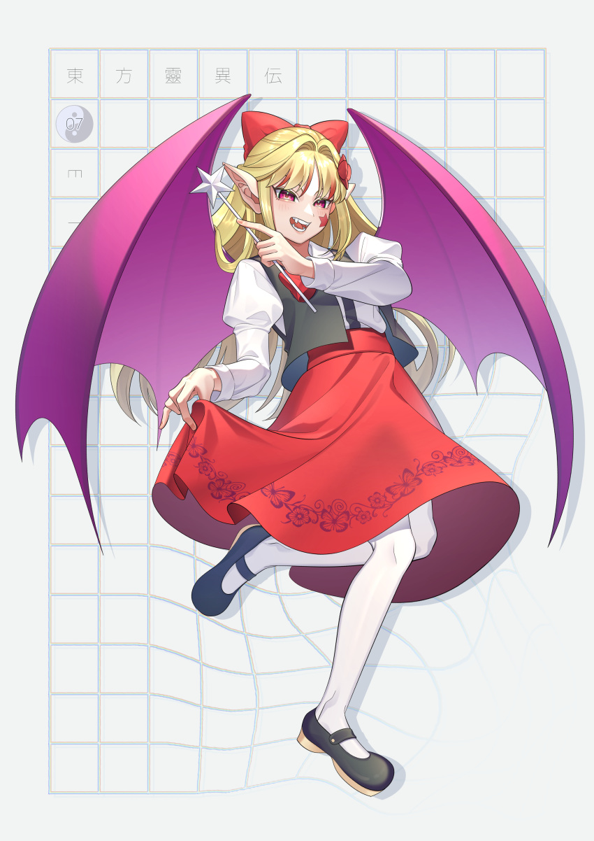 1girl, absurdres, animal_print, bat_wings, black_footwear, black_vest, blonde_hair, bow