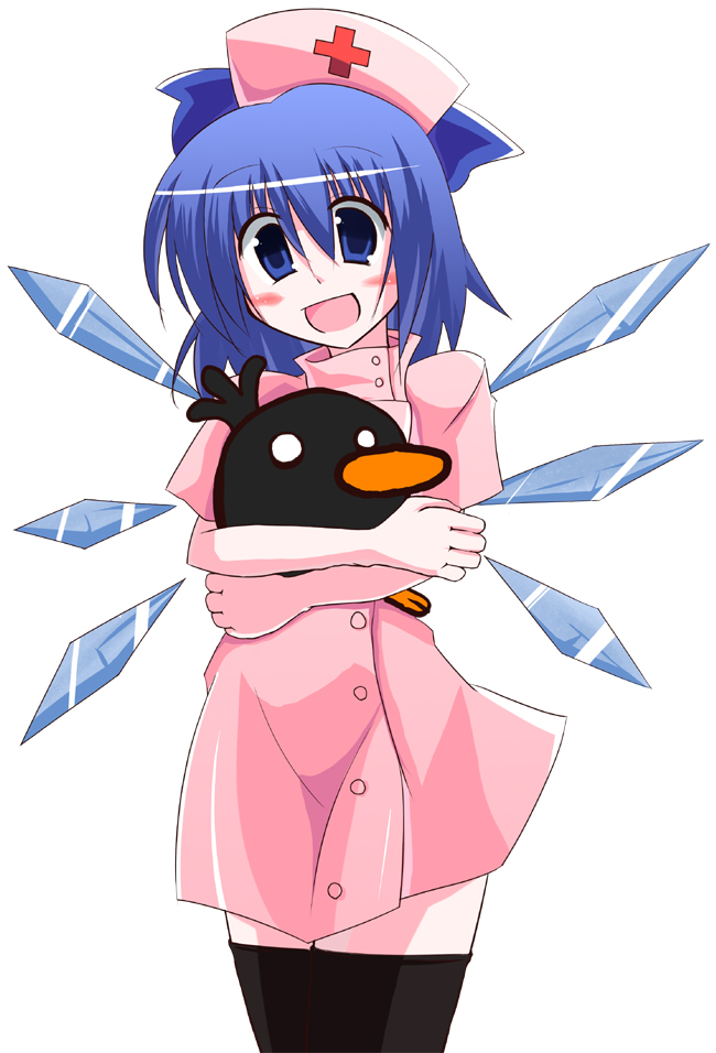 blue_eyes, blue_hair, cirno, crossover, hat, hug, kuraryu, nurse