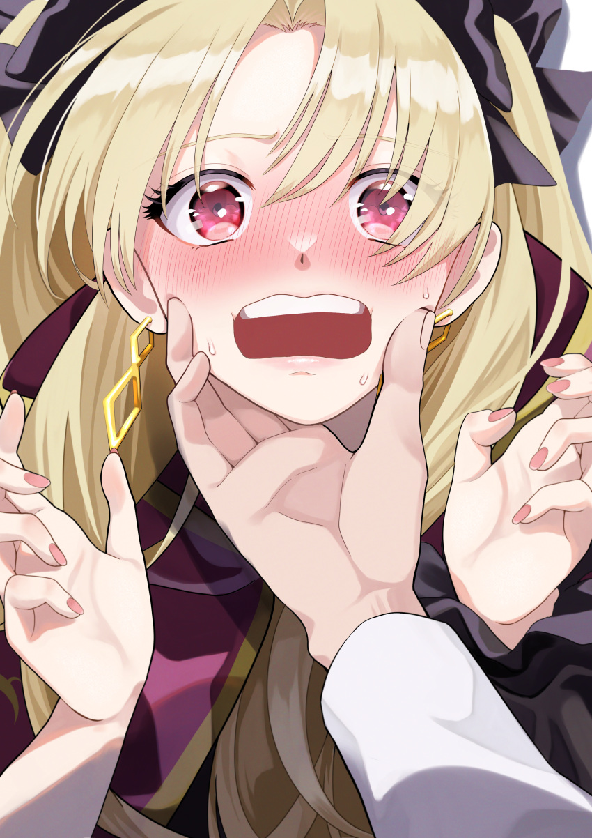 1boy, 1girl, absurdres, black_ribbon, black_sleeves, blonde_hair, blush, cape, check_commentary, commentary, commentary_request, earrings, ereshkigal_(fate), fate/grand_order, fate_(series), fujimaru_ritsuka_(male), fuku_dan, hair_ribbon, hand_on_another's_chin, hetero, highres, holding, jewelry, long_hair, looking_at_viewer, nose_blush, open_hands, open_mouth, parted_bangs, pink_nails, pov, red_eyes, ribbon, simple_background, sweatdrop, teeth, upper_teeth_only, very_long_hair, white_background, white_sleeves