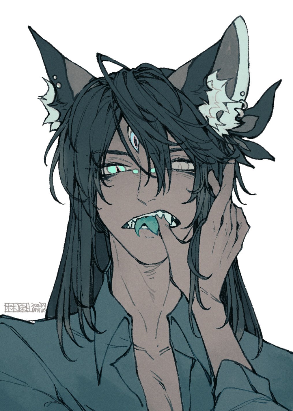 1boy, animal_ear_fluff, animal_ears, artist_name, black_hair, blue_eyes, blue_tongue, bridge_piercing