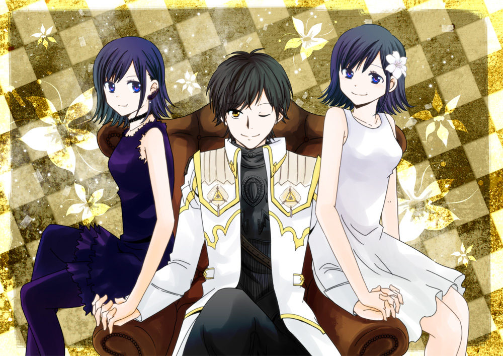 1boy, 1girl, bare_shoulders, belt, black_hair, blue_eyes, blue_hair, brown_eyes, coat, collarbone, couch, dress, feet_out_of_frame, flower, garo_(series), garo_the_flower_of_hell_(series), hair_flower, hair_ornament, hanaichi_(honey_honey), holding_hands, lab_coat, looking_at_viewer, mayuri_(garo), on_couch, pants, purple_dress, saejima_raiga, short_hair, sitting, sleeveless, sleeveless_dress, smile, white_coat, white_dress
