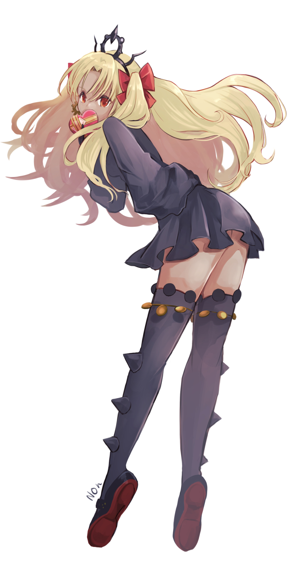 1girl, black_dress, black_thighhighs, black_tiara, blonde_hair, box, candy, commentary, dark_skin, dress, earrings, ereshkigal_(fate), ereshkigal_alter_(fate), fate/grand_order, fate_(series), food, gear_earrings, hair_ribbon, heart-shaped_box, highres, holding, holding_candy, holding_food, jewelry, long_hair, mentaikooisi, parted_bangs, red_eyes, red_footwear, red_ribbon, ribbon, simple_background, solo, spikes, thigh-highs, tiara, valentine, very_long_hair, white_background