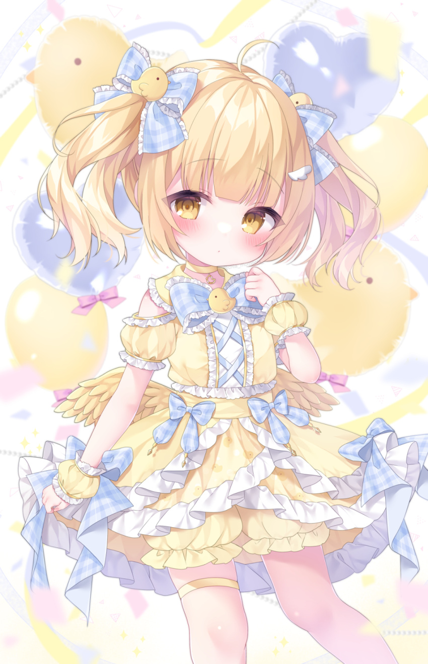 1girl, :o, ahoge, balloon, bird, blonde_hair, blue_bow, blunt_bangs