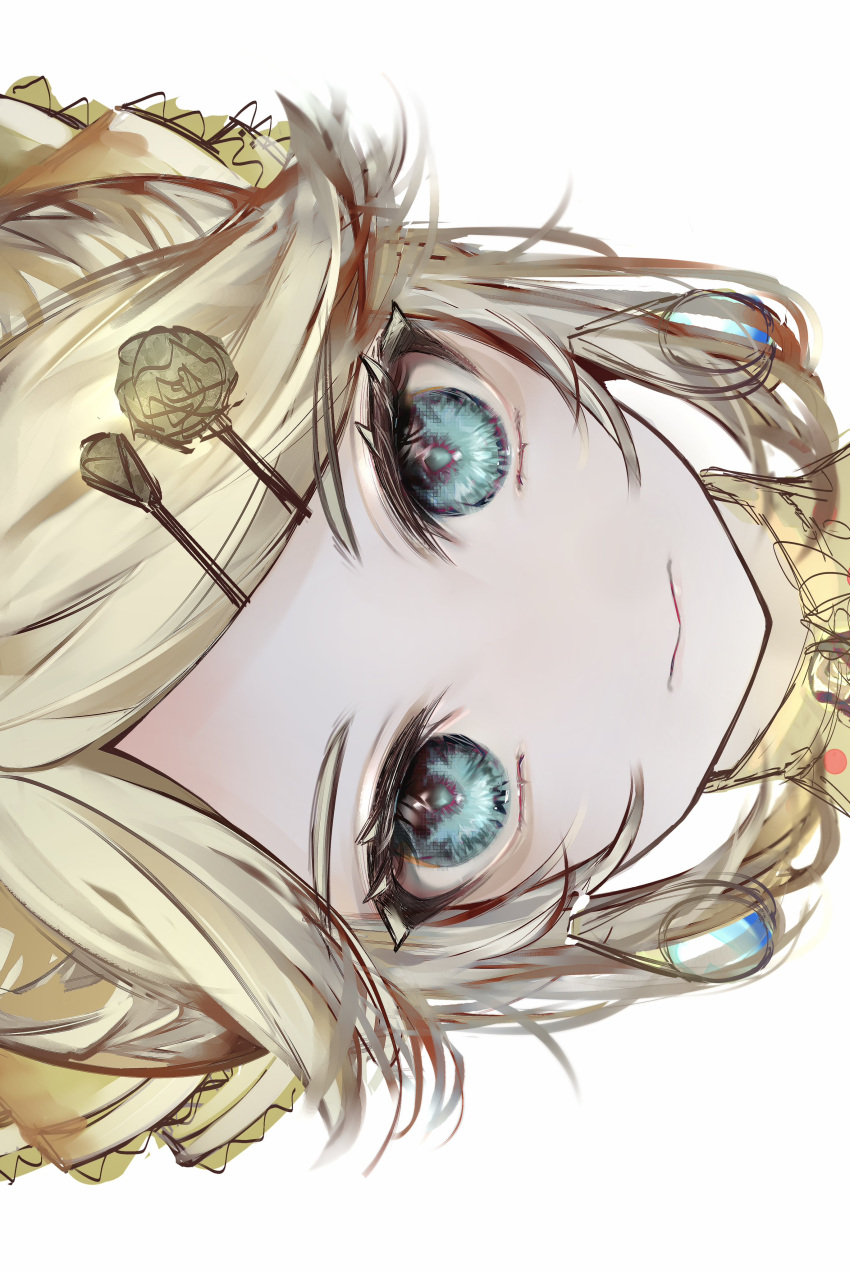 1girl, absurdres, aqua_eyes, blonde_hair, bow, choker, close-up, closed_mouth, colored_eyelashes, commentary, earrings, evillious_nendaiki, exif_rotation, expressionless, eyelashes, frilled_choker, frills, hair_bow, hair_ornament, hairclip, highres, jewelry, kagamine_rin, looking_at_viewer, nept_o, portrait, riliane_lucifen_d'autriche, serious, sidelocks, solo, straight-on, swept_bangs, tsurime, updo, vocaloid, yellow_background, yellow_bow, yellow_choker