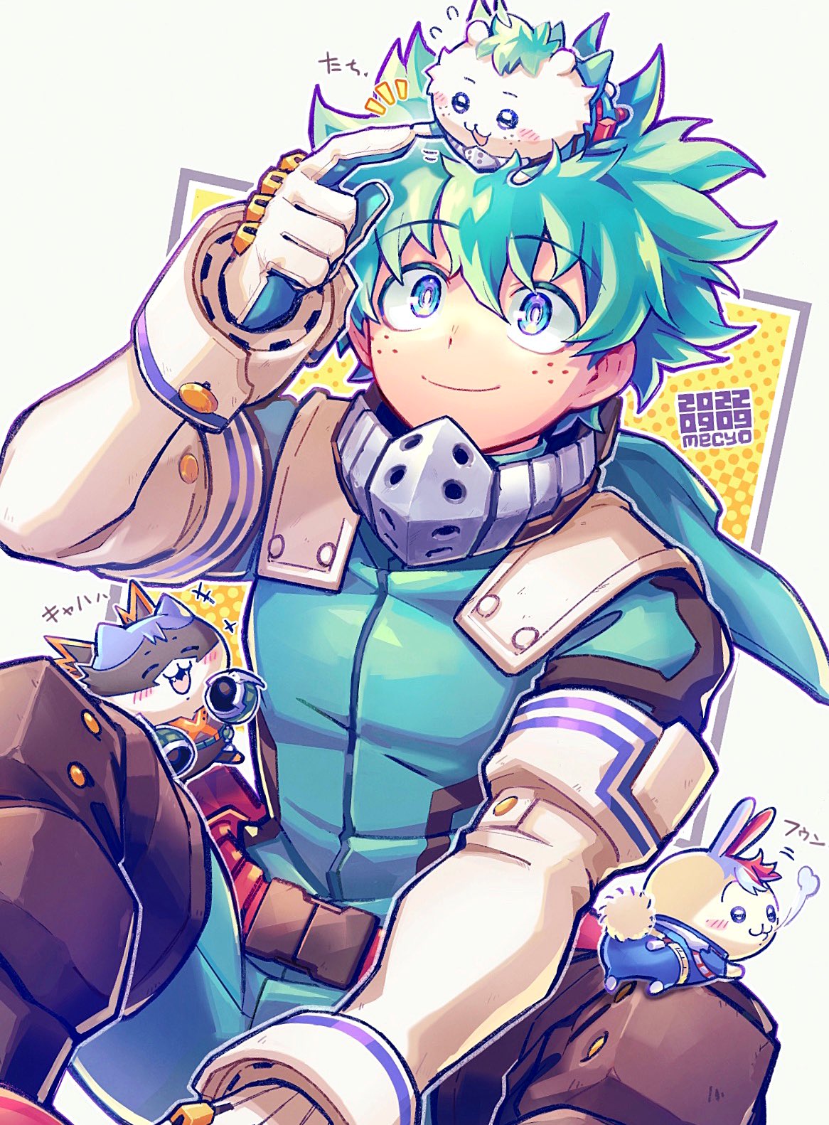 +++, 1boy, :d, ^_^, artist_name, bakugou_katsuki, bakugou_katsuki_(cosplay), belt, belt_pouch, blush, boku_no_hero_academia, chiikawa, chiikawa_(character), closed_eyes, closed_mouth, commentary_request, cosplay, dated, elbow_gloves, fangs, flying_sweatdrops, freckles, gloves, green_eyes, green_gloves, green_hair, green_jumpsuit, hachiware_(chiikawa), hair_between_eyes, hand_up, highres, index_finger_raised, jumpsuit, laughing, looking_at_another, looking_up, male_focus, mecyo_(mamezurushiki), midoriya_izuku, midoriya_izuku_(cosplay), notice_lines, on_head, open_mouth, pouch, red_belt, short_hair, simple_background, smile, todoroki_shouto, todoroki_shouto_(cosplay), translation_request, two-tone_gloves, usagi_(chiikawa), white_background, white_gloves, yellow_background